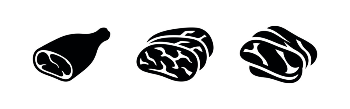 Raw meat icons set, black silhouette beef and pork cuts symbols