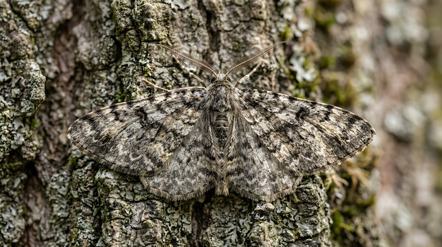 Extreme macro shot of a camouflaged moth resting on textured tree bark