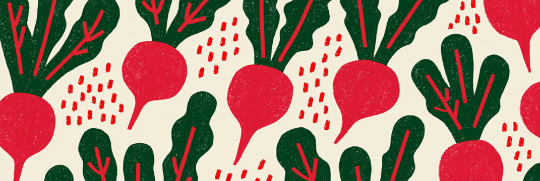 Colorful radish pattern with vibrant red roots and green leaves on a light background.