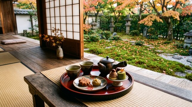 畳の間から紅葉を楽しむ上品なティータイム