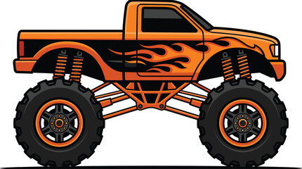 Monster Truck Illustration, Orange and Black Design, Stylized Vehicle Concept Featuring Automotive, Cartoon © MDNAIMUR