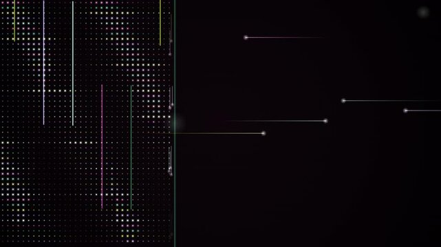 A seamless loop of vertical data streams connecting to abstract digital nodes on a dark background