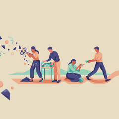 Obraz premium Collaborative team working on production line, diverse people building and organizing blocks, flat vector business concept illustration