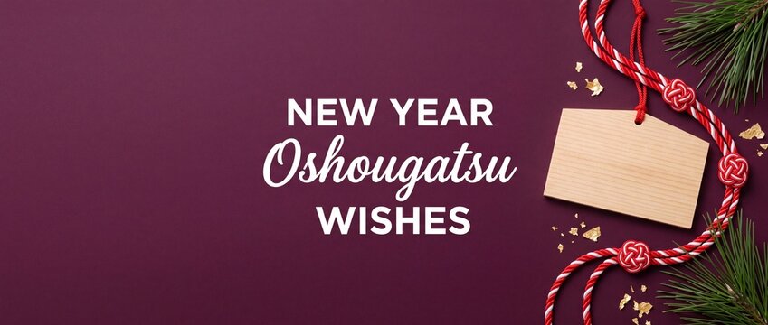 Japanese New Year Oshougatsu Background featuring wooden ema plaque and traditional red mizuhiki cord for holiday wishes, greetings, banner template with copy space on dark purple background.