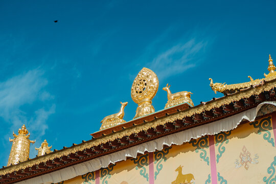 Golden dharma wheel and deer statues on Tibetan monastery rooftop