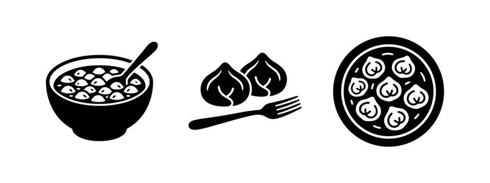 Dumplings and Pelmeni Bowl Icons International Cuisine Vector