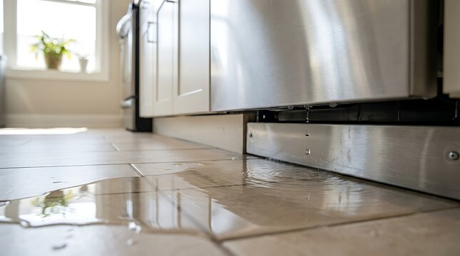 Water leaking from the bottom of a stainless steel dishwasher onto a tiled kitchen floor, forming a large puddle in front of the appliance