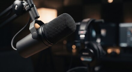 Black dynamic microphone on a boom arm stand with blurred headphones in the background, of a dark, recording studio for, podcasting or voiceover work © Shimul Azad