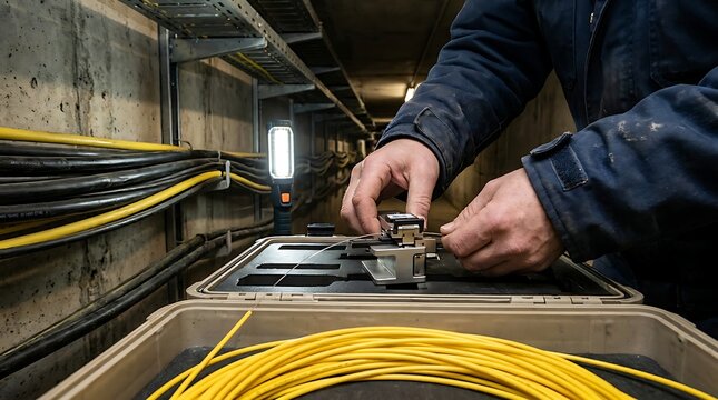 Technician working with yellow fiber optic cables and a fusion splicer tool inside a dark underground utility tunnel with concrete walls