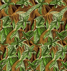 Vibrant green leaves pattern on brown background, natural texture © Wolfworker