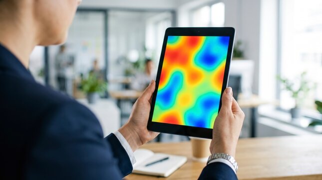 Close-up of a businesswoman holding a digital tablet displaying a colorful thermal heatmap and data analytics in a bright contemporary office setting.