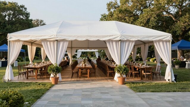 A beautifully set outdoor event party tent with long wooden tables, white drapes, and potted plants on a stone pathway surrounded by greenery.