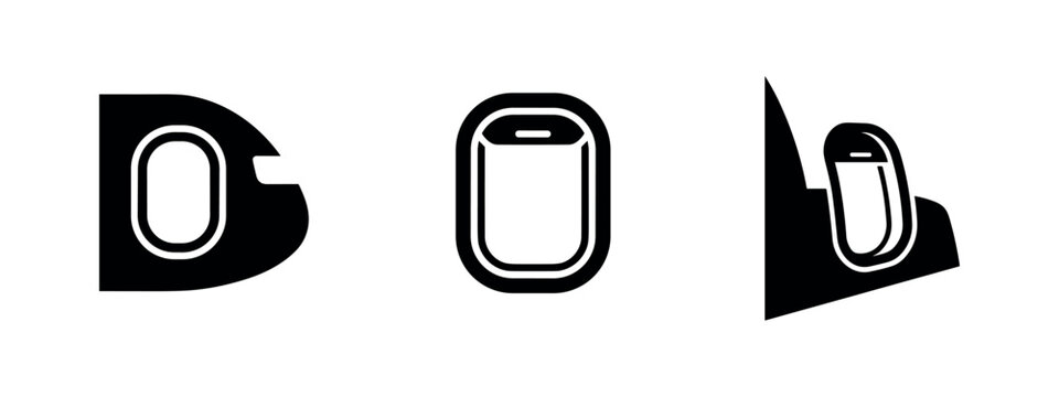 Airplane Window Icon Set. Different shapes and views of an aircraft porthole or fuselage window.