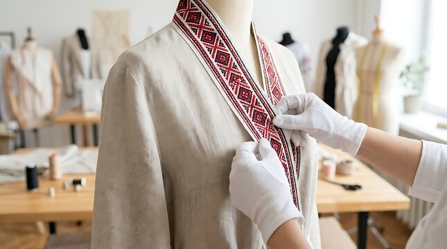 Tailor wearing white gloves adjusting a linen garment with traditional red embroidered trim on a mannequin in a bright sewing workshop studio