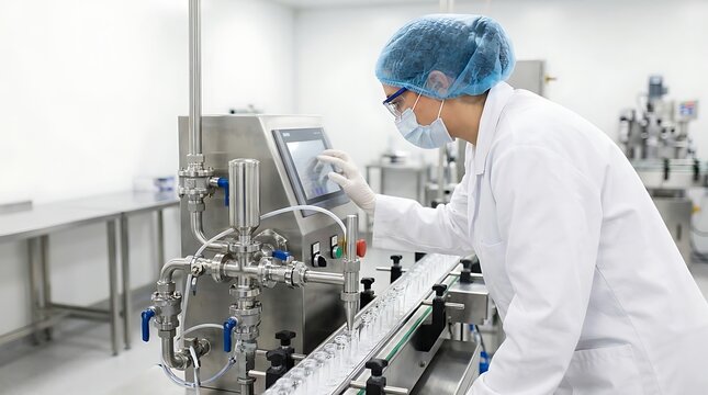 Scientist in a white lab coat and hairnet operating a pharmaceutical filling machine with a touchscreen interface in a sterile laboratory room