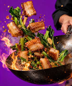 Action shot of a chef tossing crispy pork belly with Chinese broccoli in a flaming wok on a purple background.