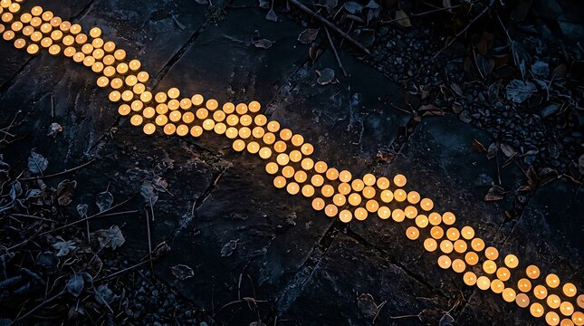 Winding path of tea light candles glowing on dark ground at night
