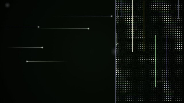 An animated sequence where glowing lines move across a dark background adjacent to a grid of bright dots.