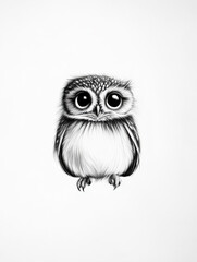 Fototapeta premium Detailed black and white illustration of an owl with large eyes, set against a plain white background, showcasing intricate feather details.
