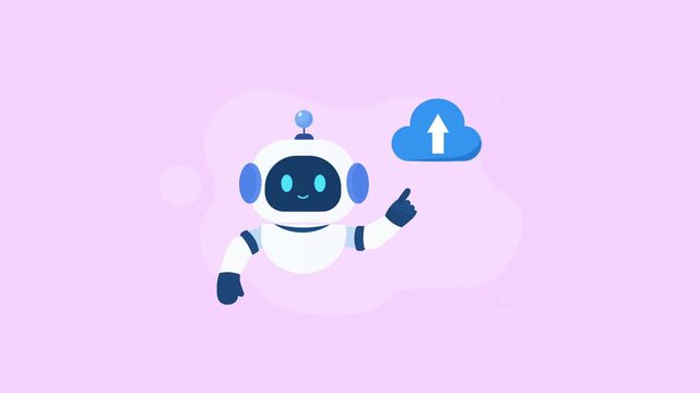 Animated video showing a friendly AI robot pointing toward a cloud upload icon, representing digital data transfer, cloud storage, and smart technology on a soft pink background.
