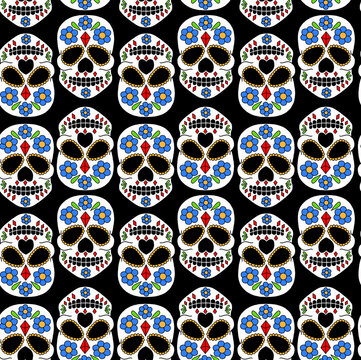 Colorful sugar skulls pattern on black background, Day of the Dead design