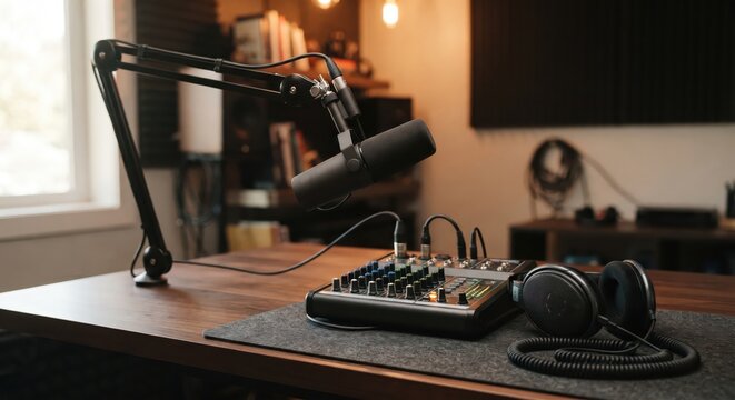 Podcast recording setup with a black microphone on a boom arm, an audio mixing console, and headphones on a wooden desk in a home studio