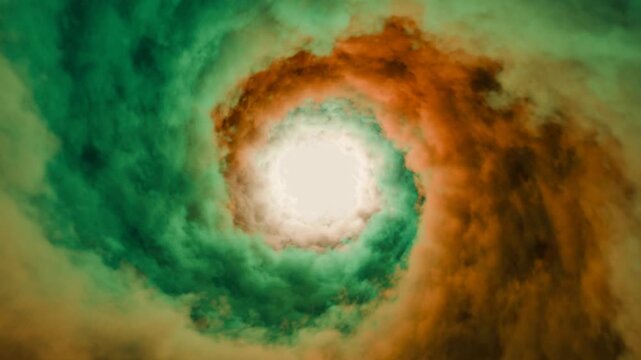Cloud vortex loop abstract green orange storm spiral portal background rotates around a center with mist and elemental energy for fantasy intros events meditation visuals and atmospheric screens