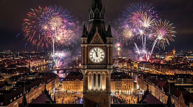Fireworks exploding over a historic city clock tower at night