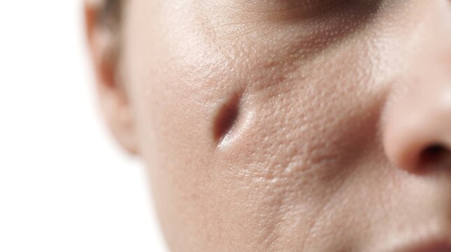 Close up of a very large open pore or deep ice pick acne scar on a person's cheek