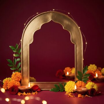 Golden Arch Frame Decorated With Diya Lamps And Flowers For Diwali
