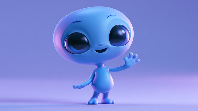 Cute blue alien character with big eyes waving hello in 3D cartoon style