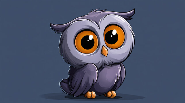 Cute owl Strigiformes bird with big orange eyes in cartoon style art