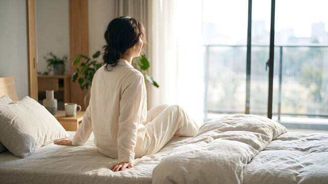 Woman sitting on bed and looking through a bright morning window