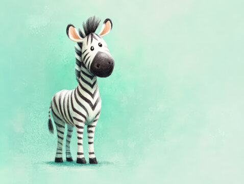 Adorable zebra illustration with a playful expression on a light green background, showcasing a whimsical and charming style.