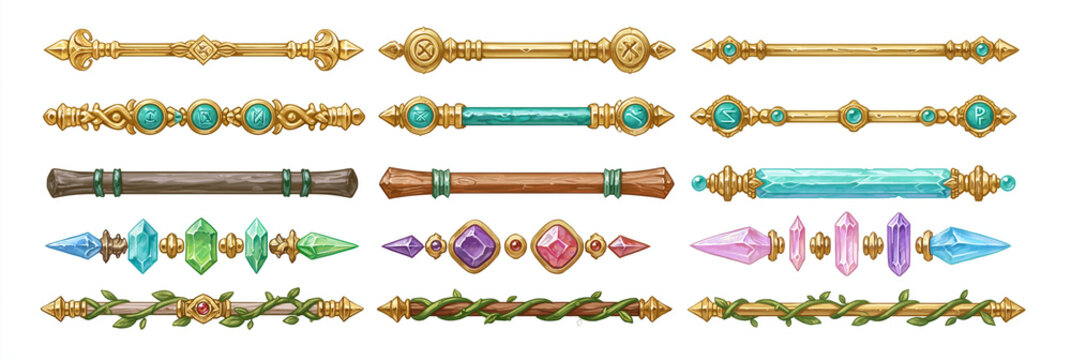 Colorful decorative game assets featuring various magical staffs and crystals.
