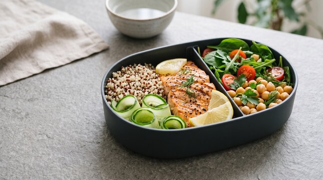 Healthy vegan lunch box in a biodegradable container with grains, roasted sweet potato, and fresh vegetables