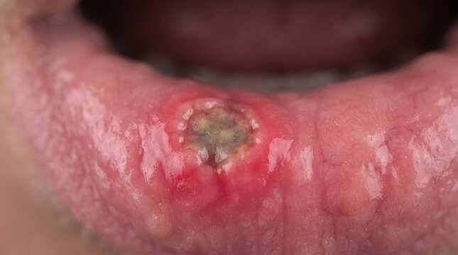 Severe aphthous ulcer or canker sore on the lower lip with inflamed red borders