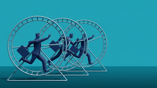 Conceptual 3D illustration of businessmen running in hamster wheels representing the corporate rat race and career stagnation.