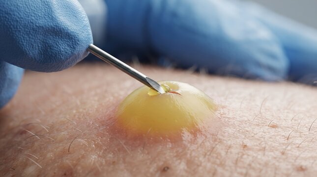 Doctor in blue gloves using a needle to lance a large pus filled blister on skin