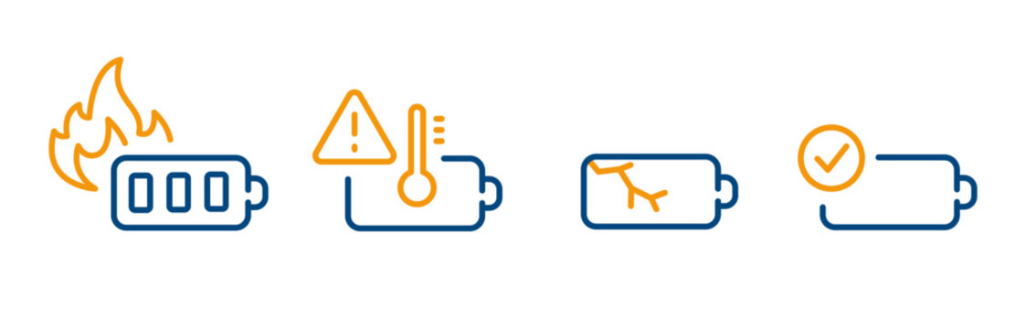 malfunction battery icons, overheating, battery broken or fire, good or serviceable accumulator, line icon set, vector illustration