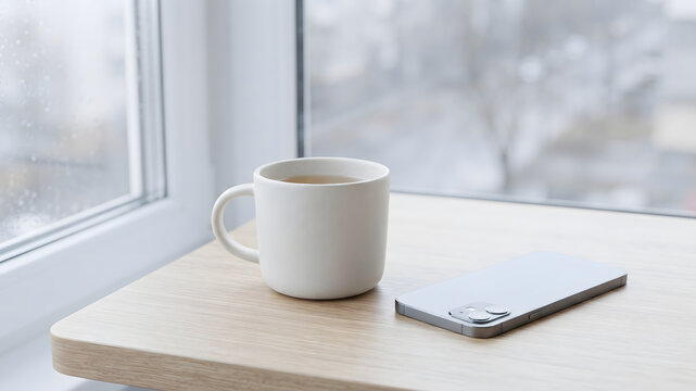 Warm drink and smartphone beside a cool rainy morning window