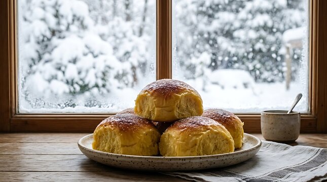 Freshly baked brioche buns on a table against a snowy window