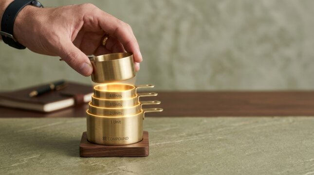 Person stacking nesting measuring cups to visualize compound investment growth as returns build base for next cycle