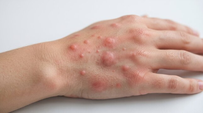 Detail of a human hand covered in large itchy red bumps, blisters, or hives indicating a severe allergic reaction or viral infection.