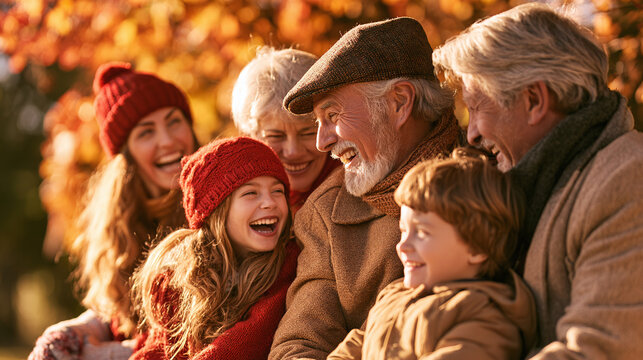 Happy multi generation family smile together outdoor in autumn park scene