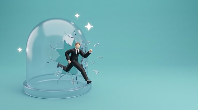 3D businessman breaking through a glass dome to escape stagnation and achieve career growth.