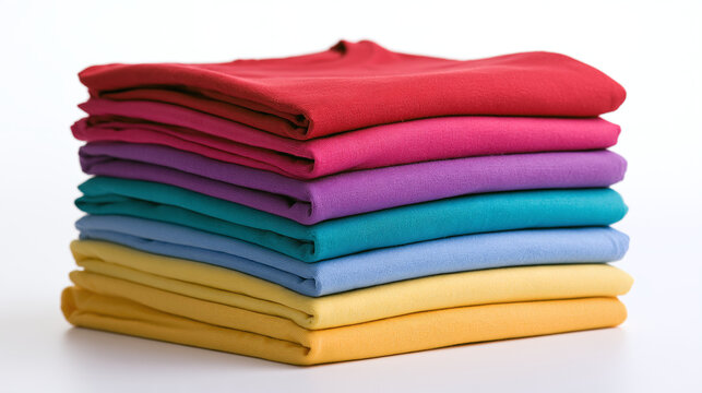 A neat stack of vibrant colorful folded cotton t-shirts on a clean white