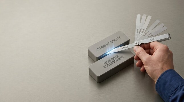 Person holding small metal object to visualize employee skill by identifying missing capability for new role requirements