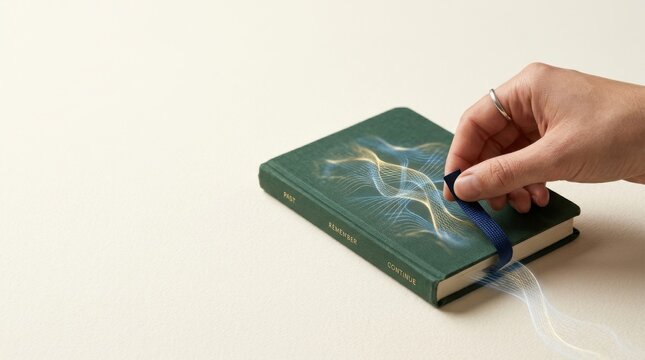 Person placing bookmark in notebook to represent ai memory by preserving relevant context for future interactions