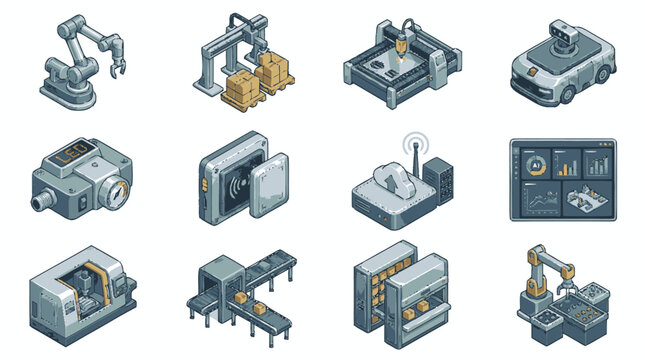 Collection of isometric pixel art icons representing modern industrial automation and manufacturing processes.